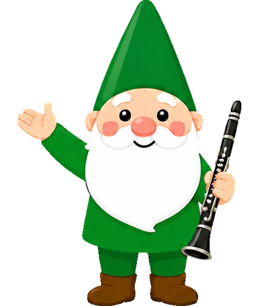 A green-hatted gnome holding a clarinet