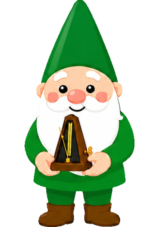 A green-hatted gnome holding a metronome in both hands
