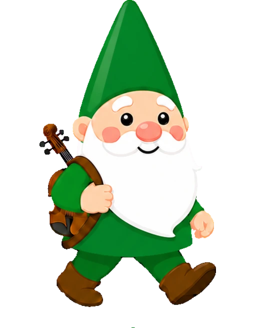 A green-hatted gnome walking with a violin