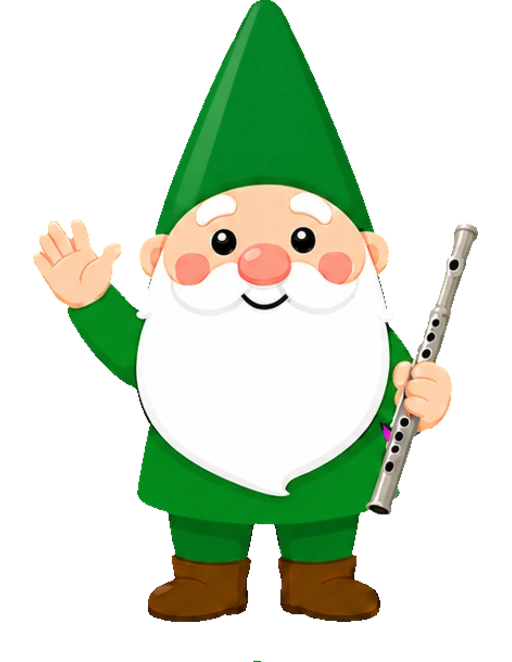 A green-hatted gnome holding a flute, waving