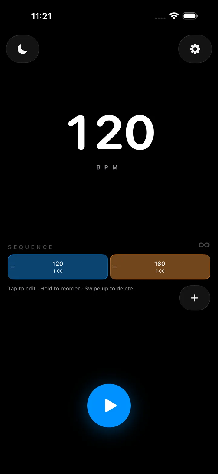 A two-segment tempo sequence — 120 then 160 BPM — set to loop